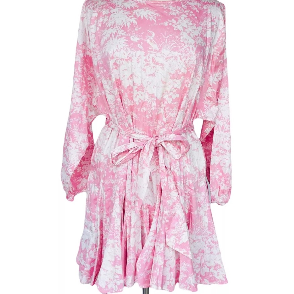 Wayf Pink and White Fit and Flare Dress with Bishop Sleeves